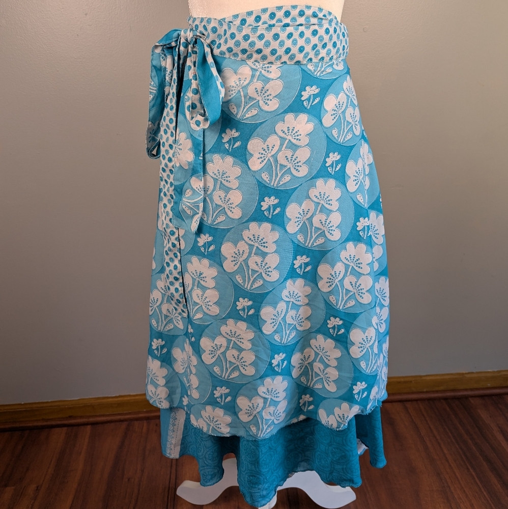 Aqua blue silk wrap skirt